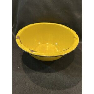 Antique Large Metal Enamel Mixing Bowl Canary Yellow with a Black Rim 11” X 4”